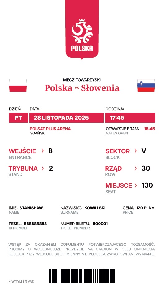 Bilet z meczu kobiet Polska - Słowenia 1:0 (28.11.2025)