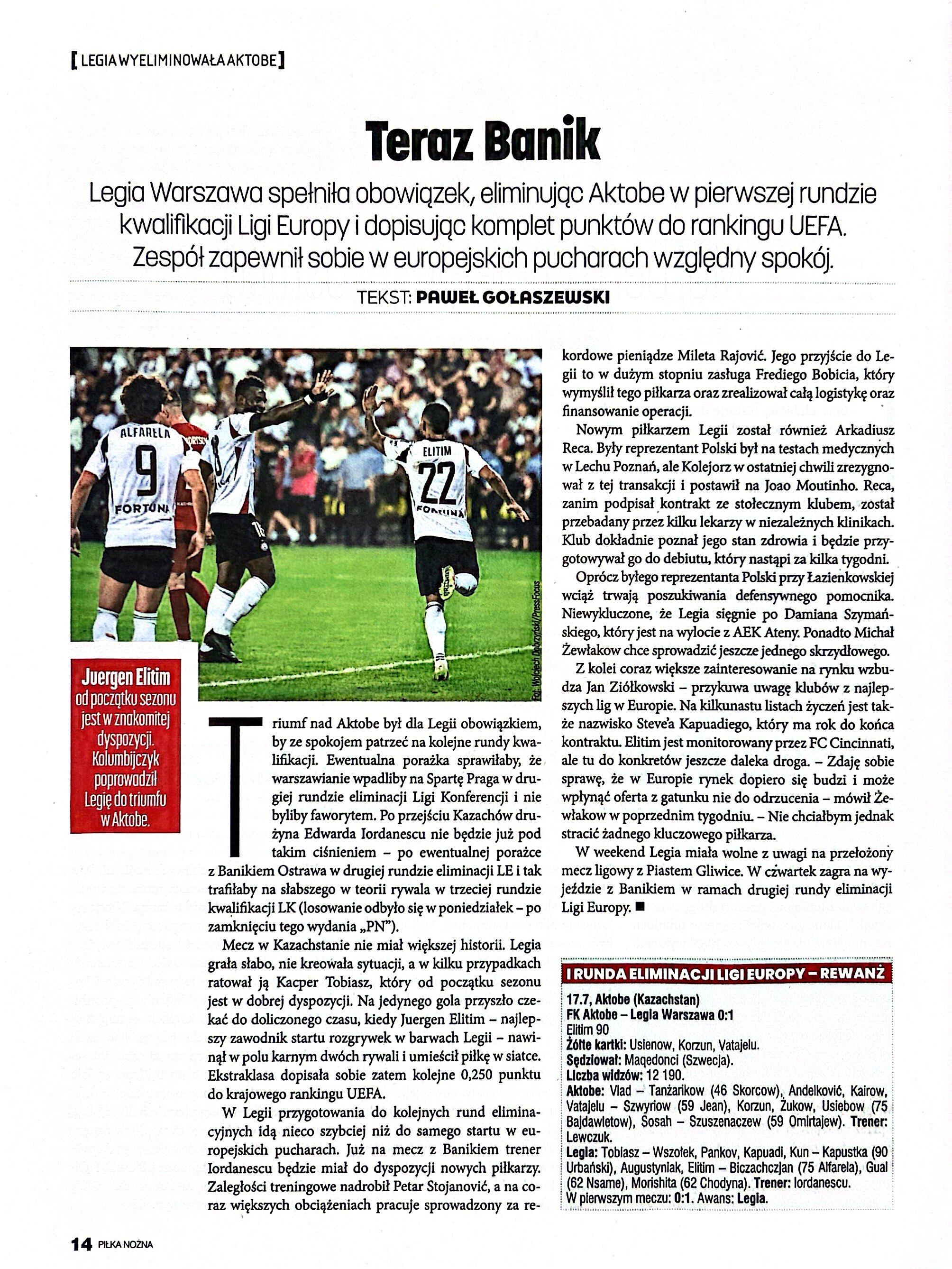 Piłka Nożna po meczu FK Aktobe - Legia Warszawa 0:1 (17.07.2025)