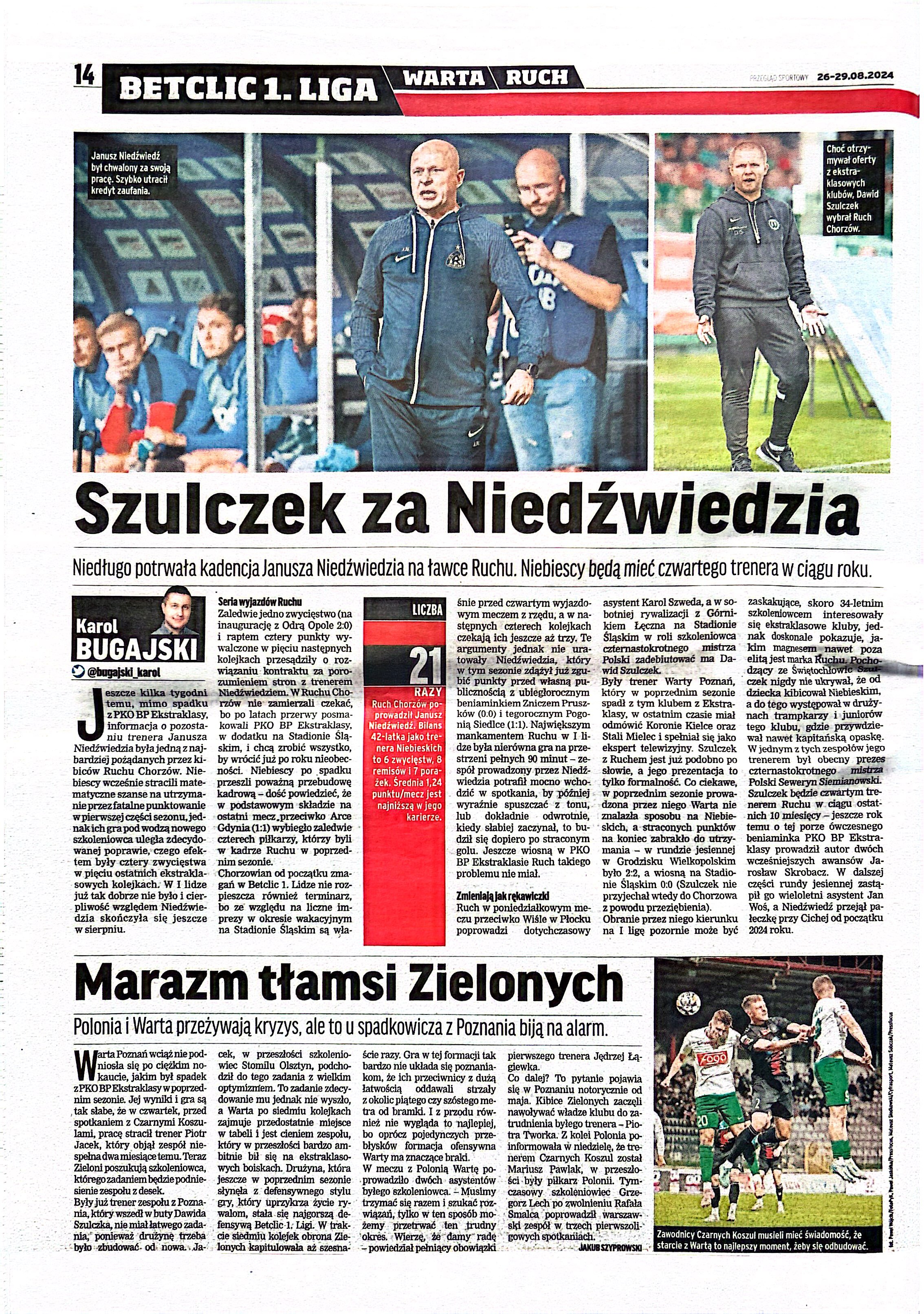 Przegląd Sportowy po meczach Polonia Warszawa - Warta Poznań 2:0 (23.08.2024) i Wisła Płock - Ruch Chorzów 3:2 (26.08.2024)
