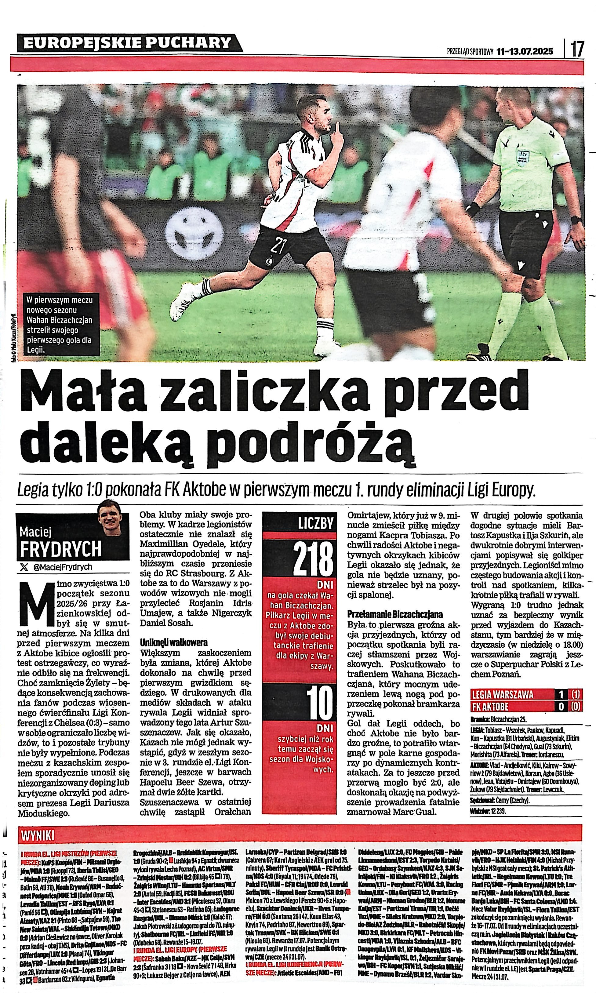 Przegląd Sportowy po meczu Legia Warszawa - FK Aktobe 1:0 (10.07.2025)