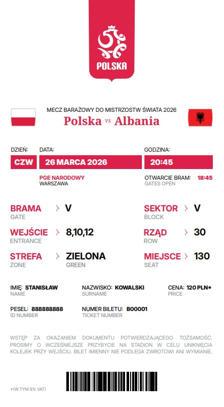 Polska - Albania 2:1, 26.03.2026 Bilet