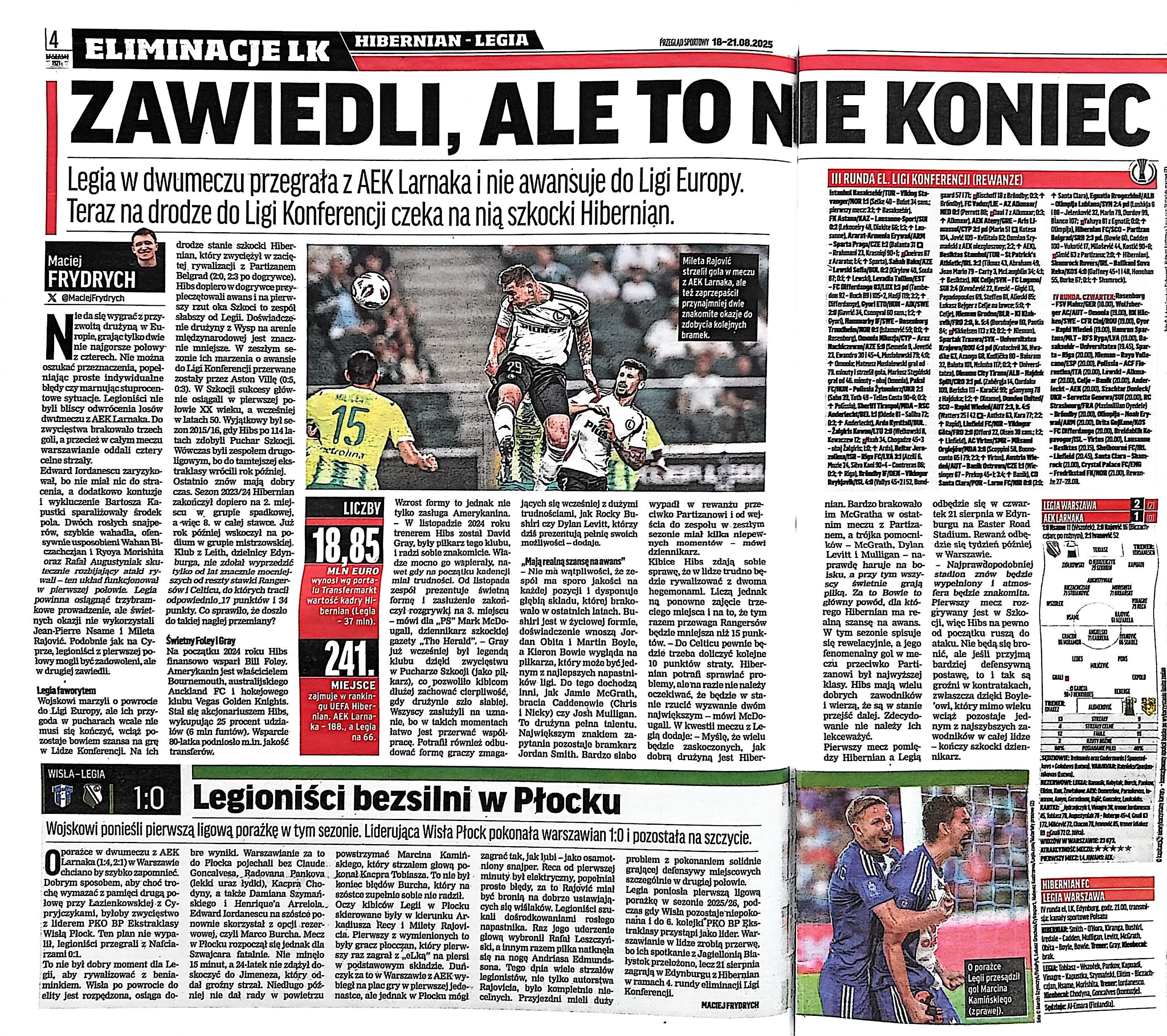 Przegląd Sportowy po meczu Legia Warszawa - AEK Larnaka 2:1 (14.08.2025)
