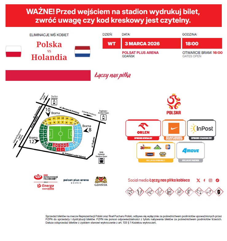 Bilet z meczu kobiet Polska - Holandia 2:2 (03.03.2026)