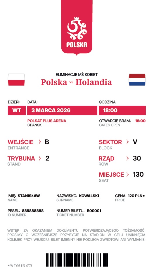 Bilet z meczu kobiet Polska - Holandia 2:2 (03.03.2026)
