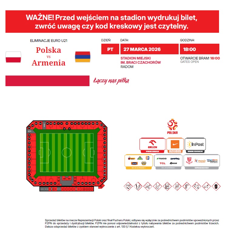 Bilet z meczu U21 Polska - Armenia 4:1 (27.03.2026)
