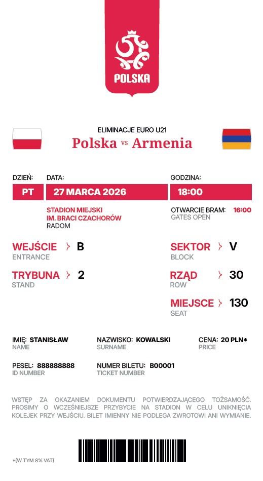 Bilet z meczu U21 Polska - Armenia 4:1 (27.03.2026)