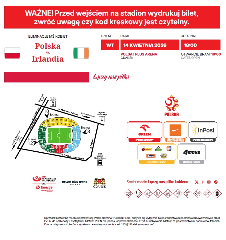 Bilet z meczu kobiet Polska - Irlandia 2:3 (14.04.2026)