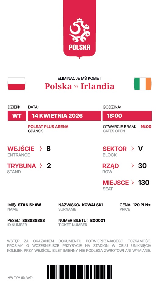 Bilet z meczu kobiet Polska - Irlandia 2:3 (14.04.2026)