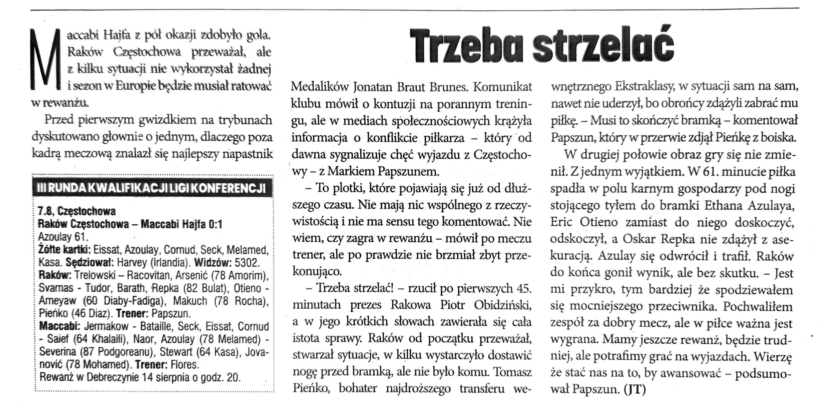 Raków Częstochowa - Maccabi Hajfa 0:1, 07.08.2025 Tygodnik Piłka Nożna