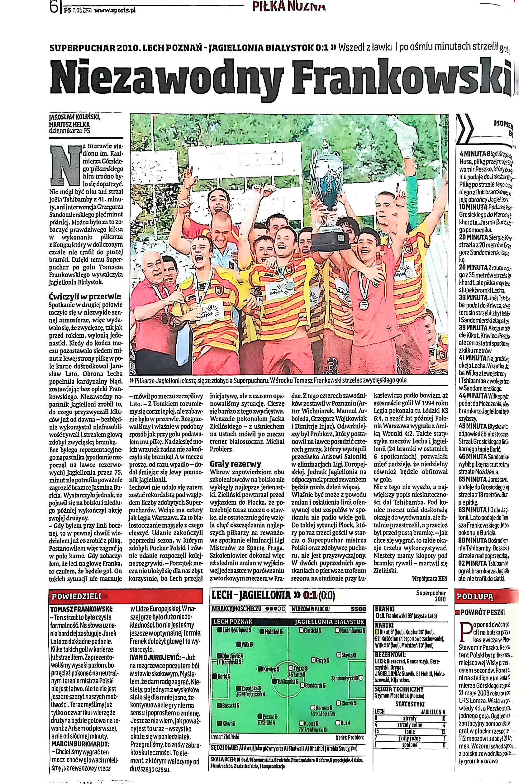 Przegląd Sportowy po meczu Lech Poznań - Jagiellonia Białystok 0:1 (01.08.2010)