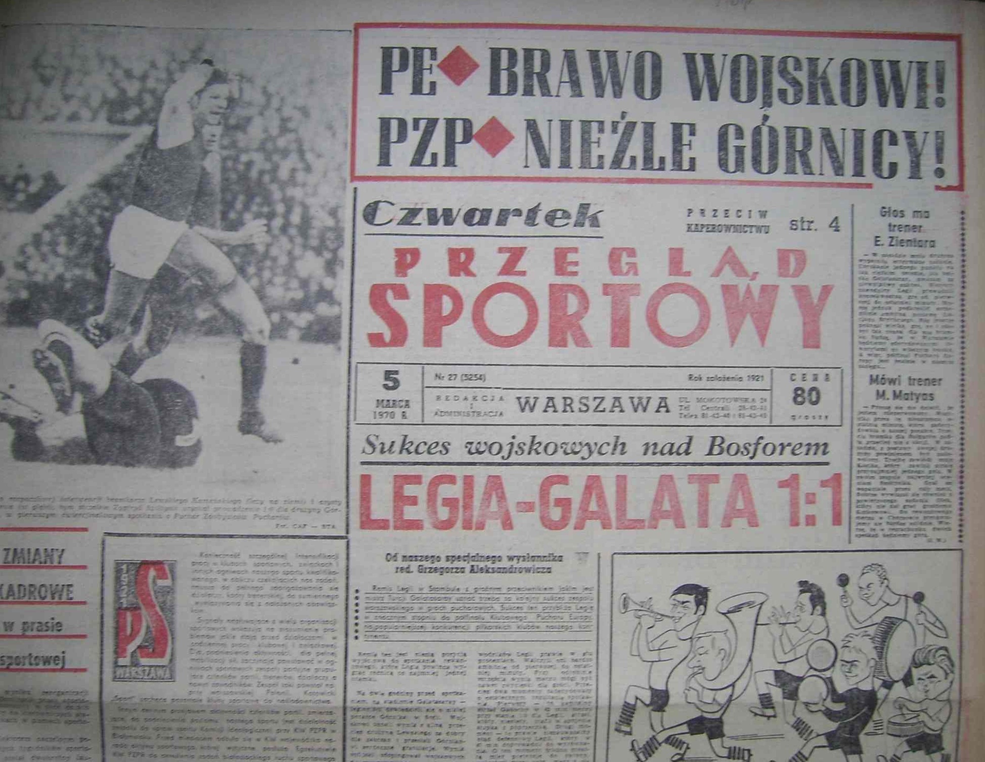 Przegląd Sportowy po meczu Galatasaray Stambuł - Legia Warszawa 1:1 (04.03.1970)