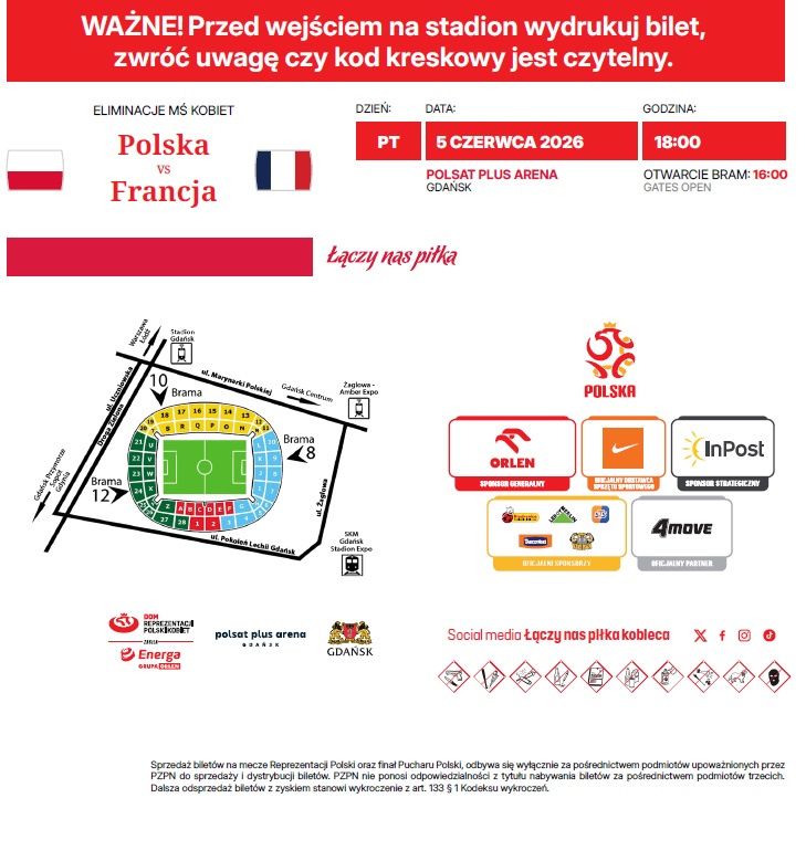 Bilet z meczu Polska - Francja 0:2 kobiety (05.06.2026)