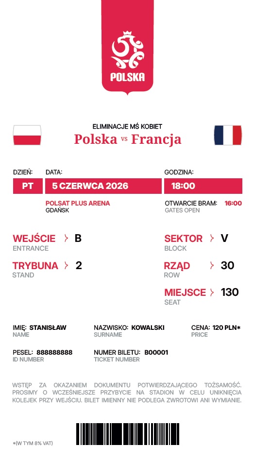 Bilet z meczu Polska - Francja 0:2 kobiety (05.06.2026)