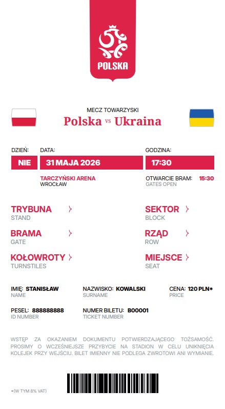 Polska - Ukraina 0:2, 31.05.2026 Bilet