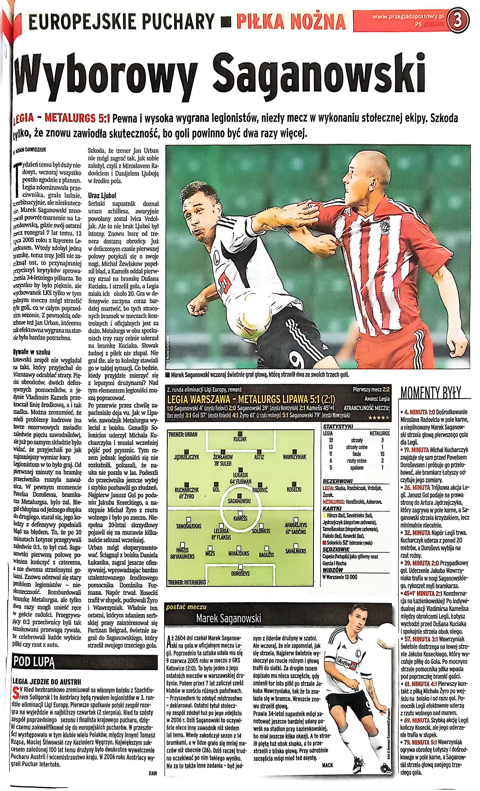 Przegląd Sportowy po meczu Legia Warszawa - Metalurgs Lipawa 5:1 (26.07.2012)