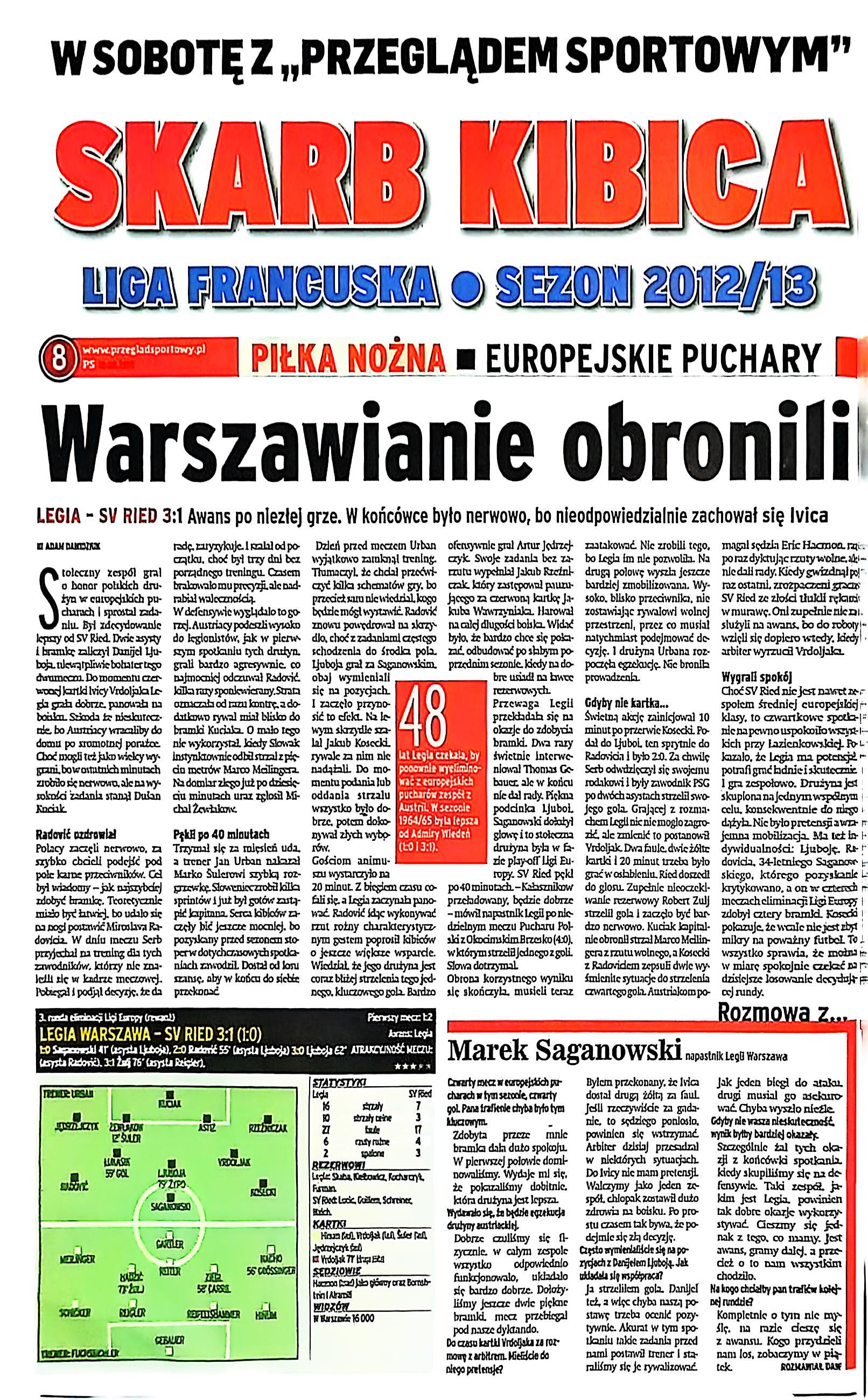 Przegląd Sportowy po meczu Legia Warszawa - SV Ried 3:1 (09.08.2012)