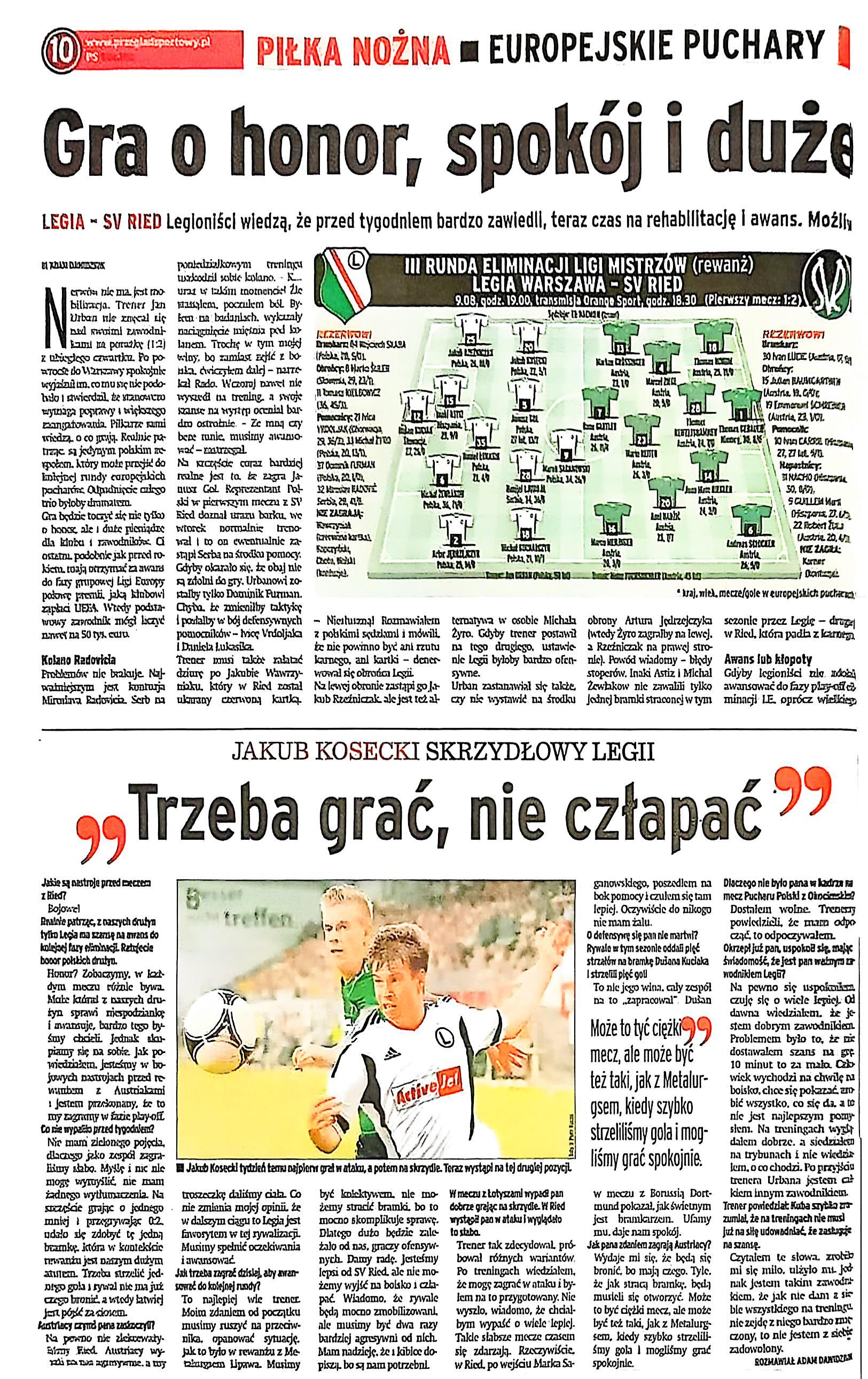 Przegląd Sportowy przed meczem Legia Warszawa - SV Ried 3:1 (09.08.2012)