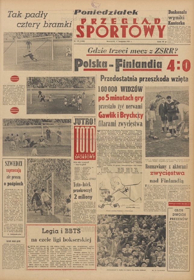 Przegląd Sportowy po meczu Polska - Finlandia 4:0 (03.11.1957)
