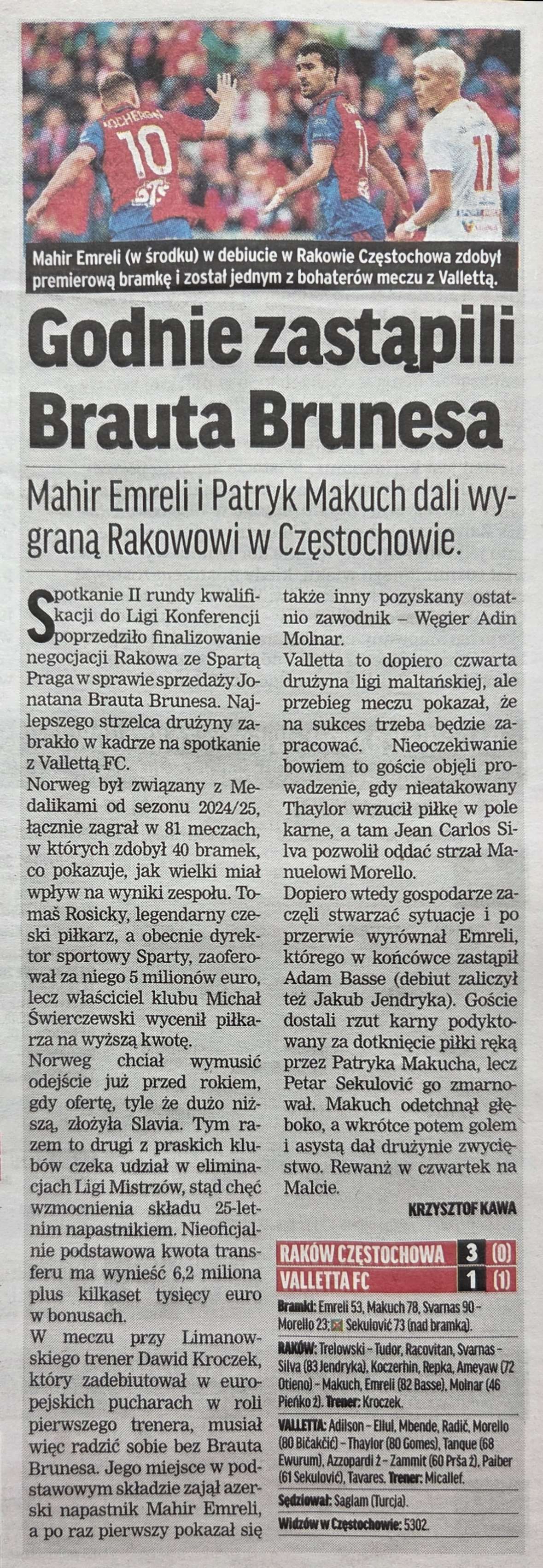Raków Częstochowa - Valletta FC 3:1, 23.07.2026 Przegląd Sportowy