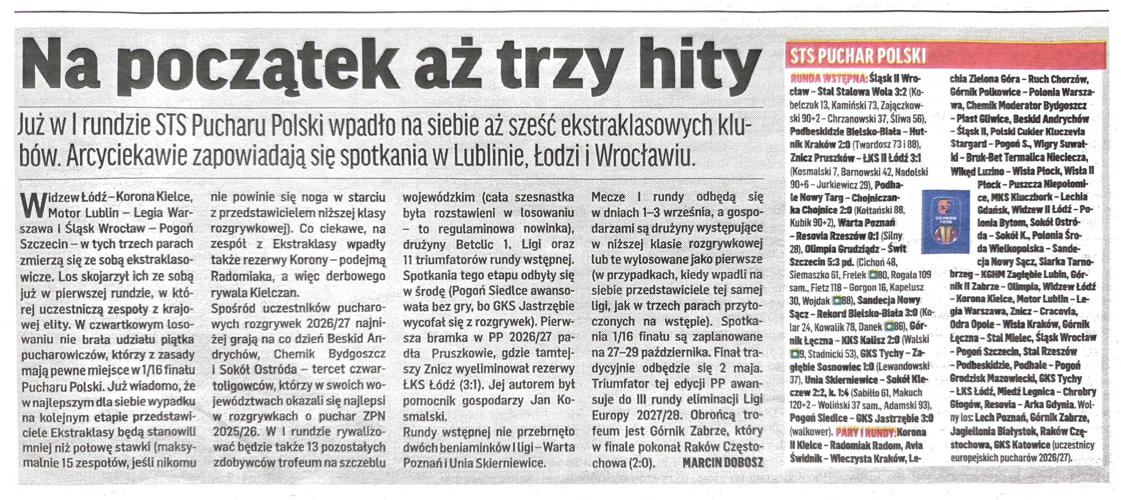 Przegląd Sportowy po meczach rundy wstępnej STS Pucharu Polski 2026/27