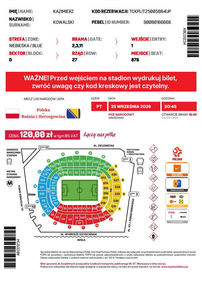 Polska - Bośnia i Hercegowina 0:0, 25.09.2026 Bilet print at home