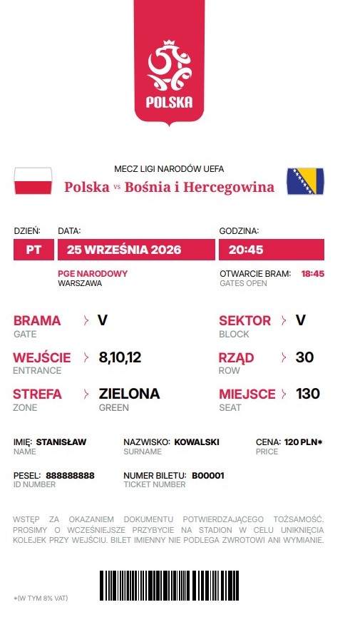 Polska - Bośnia i Hercegowina 0:0, 25.09.2026 Bilet