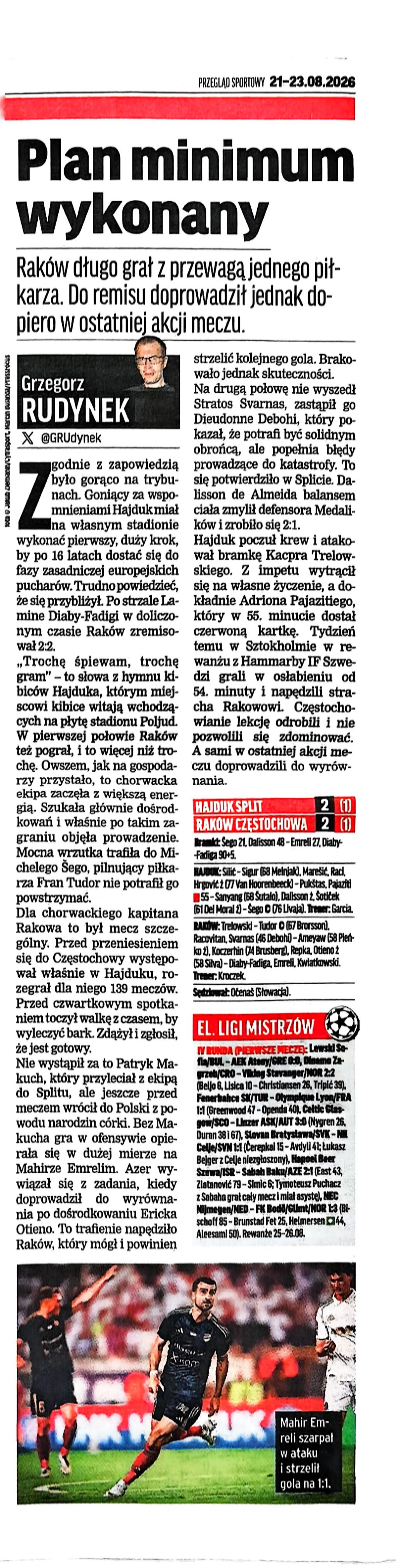 Przegląd Sportowy po meczu Hajduk Split - Raków Częstochowa 2-2 (20.08.2026)