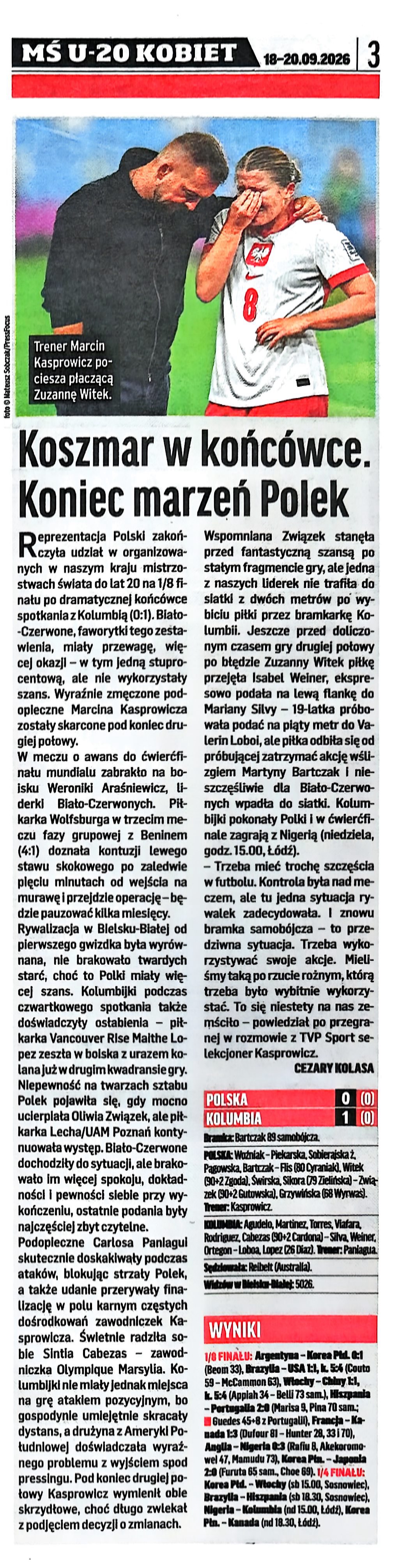 Przegląd Sportowy po meczu U20 kobiet Polska - Kolumbia 0:1 (17.09.2026)