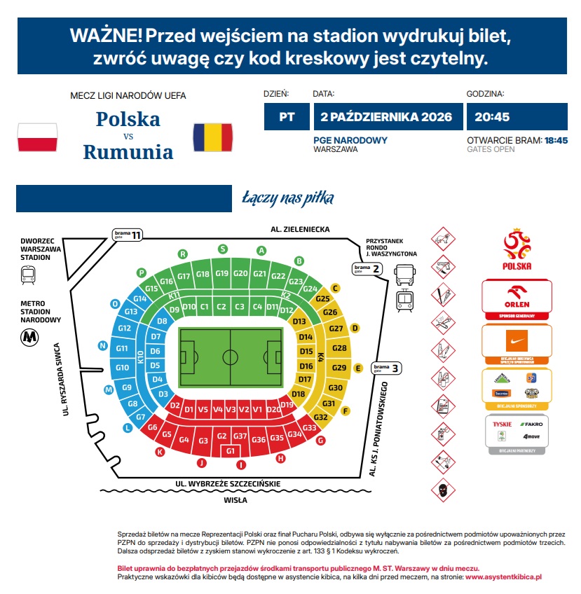 Polska - Rumunia 6:0, 02.10.2026 Bilet print at home