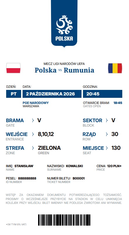 Polska - Rumunia 6:0, 02.10.2026 Bilet