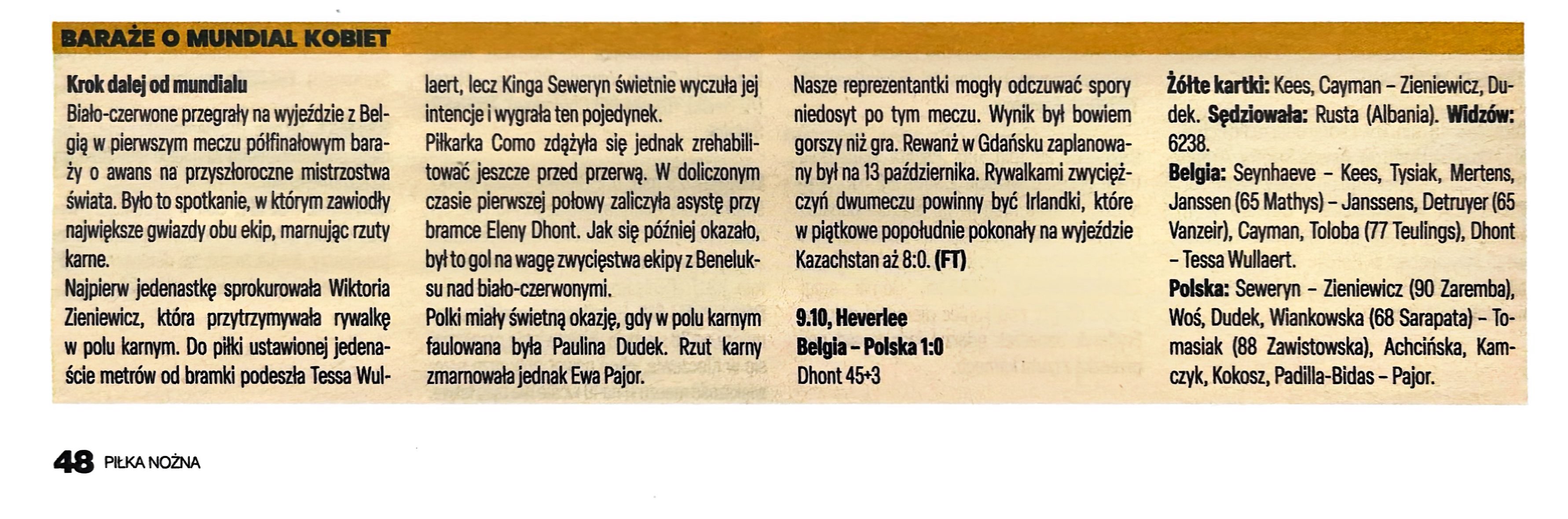 Piłka Nożna po meczu kobiet Belgia - Polska 1:0 (09.10.2026)