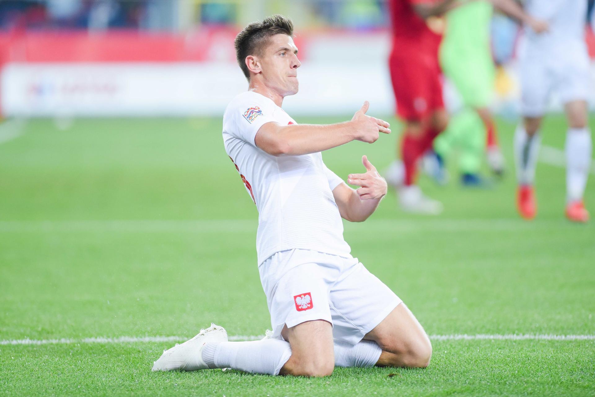 Krzysztof Piątek po zdobyciu bramki dla reprezentacji Polski w meczu z Portugalią (11.10.2018).