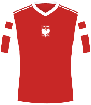 Czerwona koszulka reprezentacji Polski z igrzysk olimpijskich w 1992 roku, białe pasy na rękawach oraz orzełek na środku klatki piersiowej