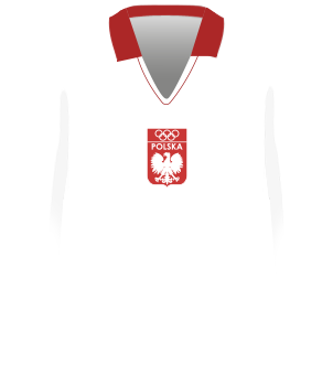 Biała koszulka reprezentacji Polski z igrzysk olimpijskich w 1972 roku, długi rękaw, czerwony kołnierz, na środku klatki piersiowej orzełek bez korony, nad nim kółka olimpijskie