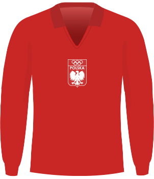 Czerwona koszulka reprezentacji Polski z igrzysk olimpijskich w 1972 roku, z kołnierzem, orzełek bez korony na środku klatki piersiowej, nad orzełkiem kółka olimpijskie