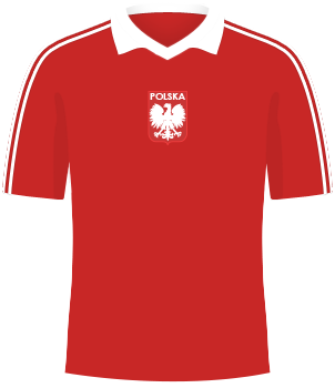 Czerwona koszulka reprezentacji Polski, z biełym kołnierzem, z orzełkiem bez korony, MŚ 1982