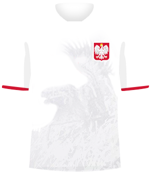 Biała koszulka reprezentacji Polski z husarzem, orzełek na piersi