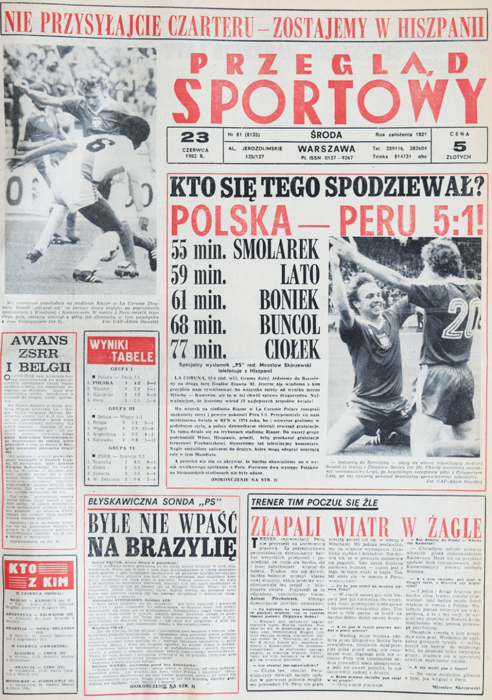 Okładka przeglądu sportowego po meczu Polska - Peru (22.06.1982)