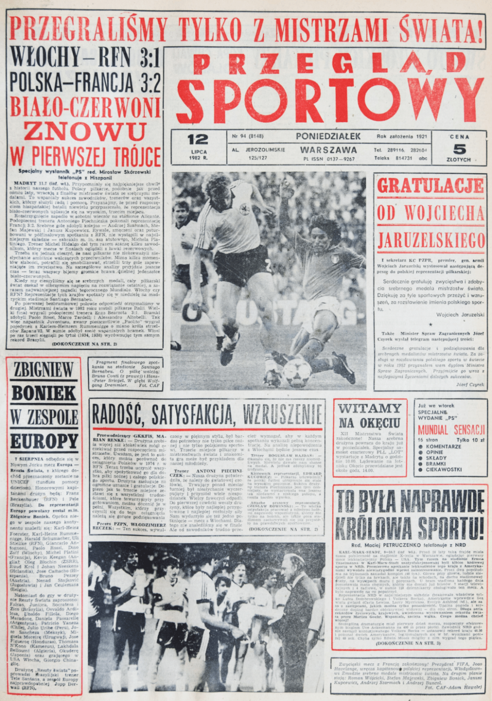 Okładka przeglądu sportowego po meczu Polska - Francja (10.07.1982)