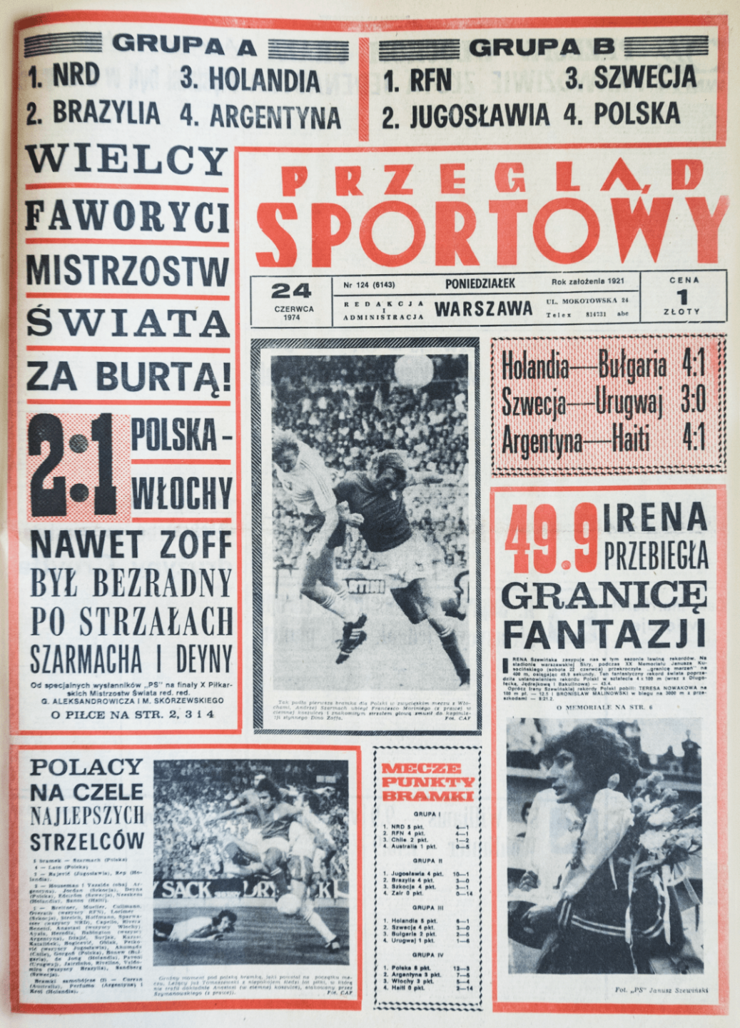 Pierwsza strona Przeglądu sportowego po meczu Polska - Włochy 2:1 z mistrzostw świata 1974.
