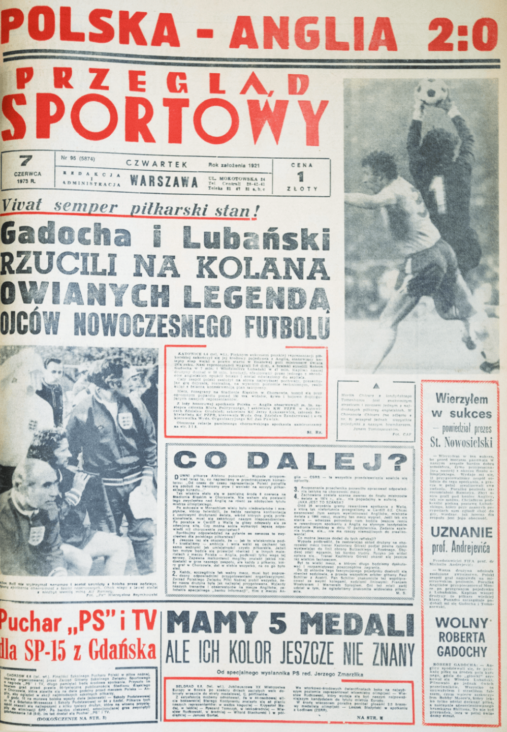 Przegląd Sportowy po meczu Polska - Anglia (06.06.1973)