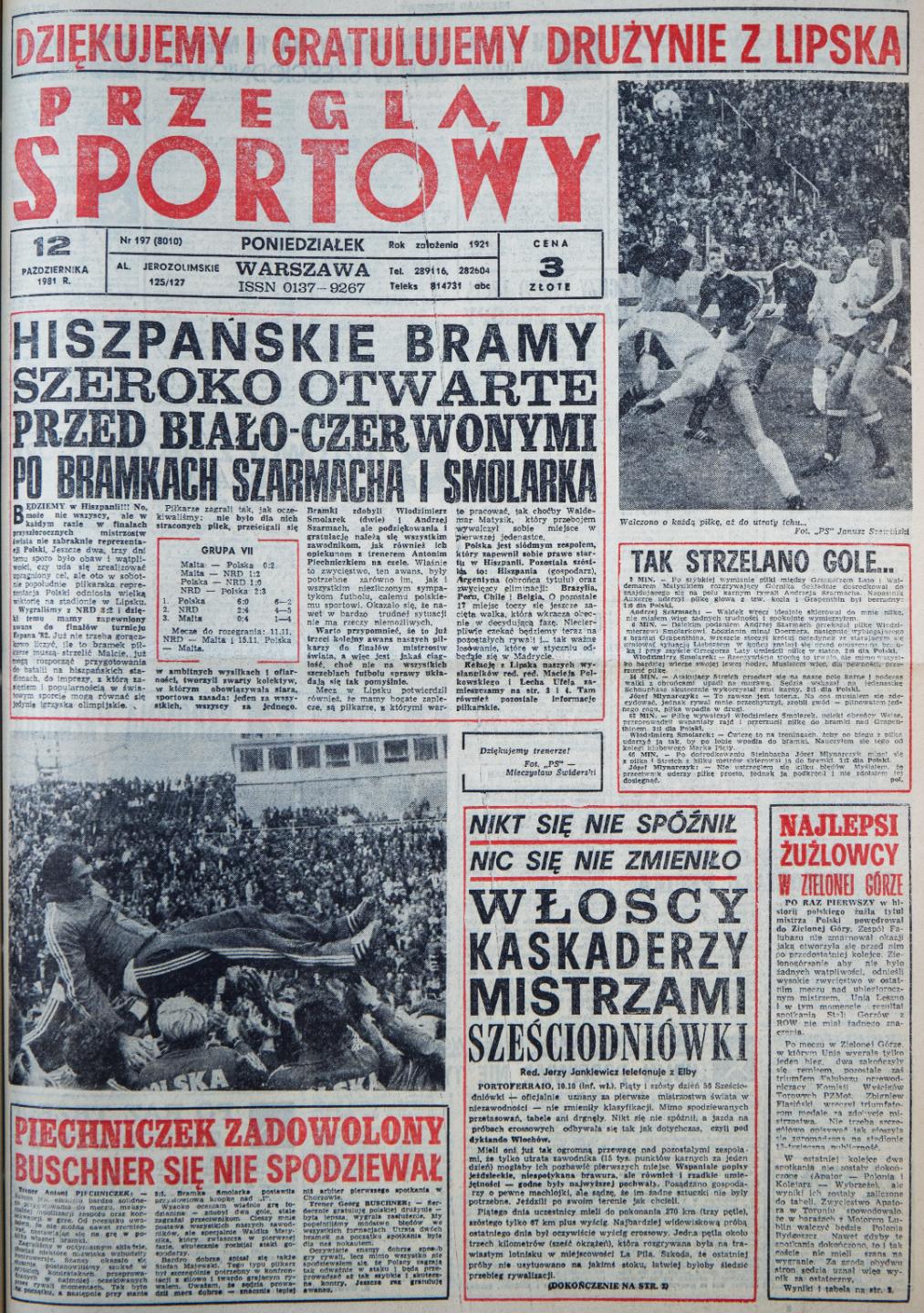Okładka Przeglądu Sportowego po meczu NRD - Polska (11 października 1981)