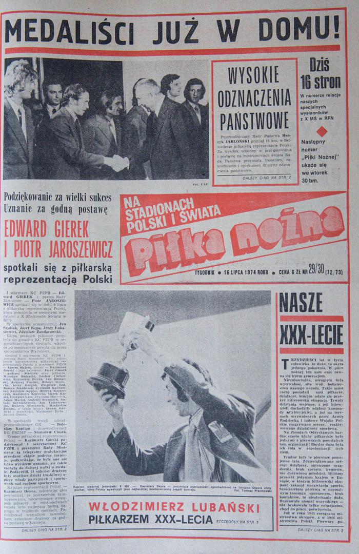 Okładka Piłki Nożnej po powrocie Polaków do kraju z MŚ (16.07.1974)
