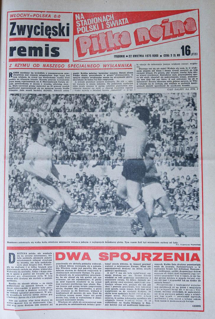 Okładka piłki nożnej po meczu Włochy - Polska (19.04.1975)