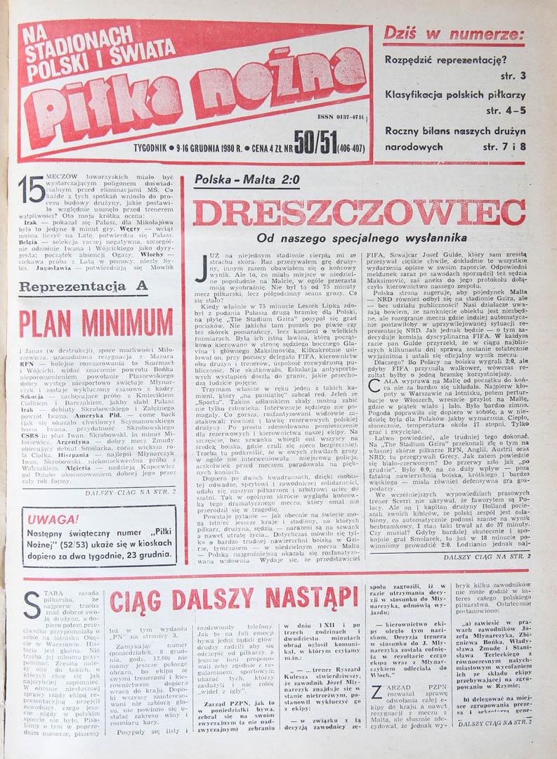 Okładka piłki nożnej po meczu Malta - Polska (07.12.1980)