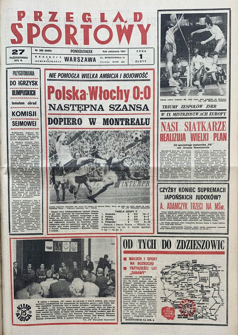 Okładka przeglądu sportowego po meczu Polska - Włochy (26.10.1975)