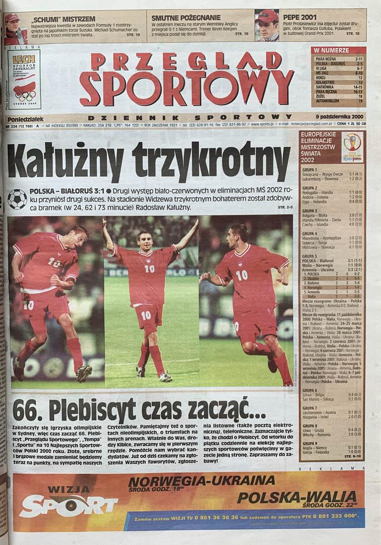 Okładka przeglądu sportowego po meczu Polska - Białoruś (07.10.2002)