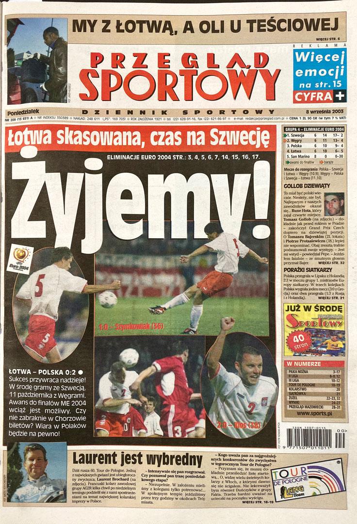 Okładka przeglądu sportowego po meczu Łotwa - Polska (06.09.2003)