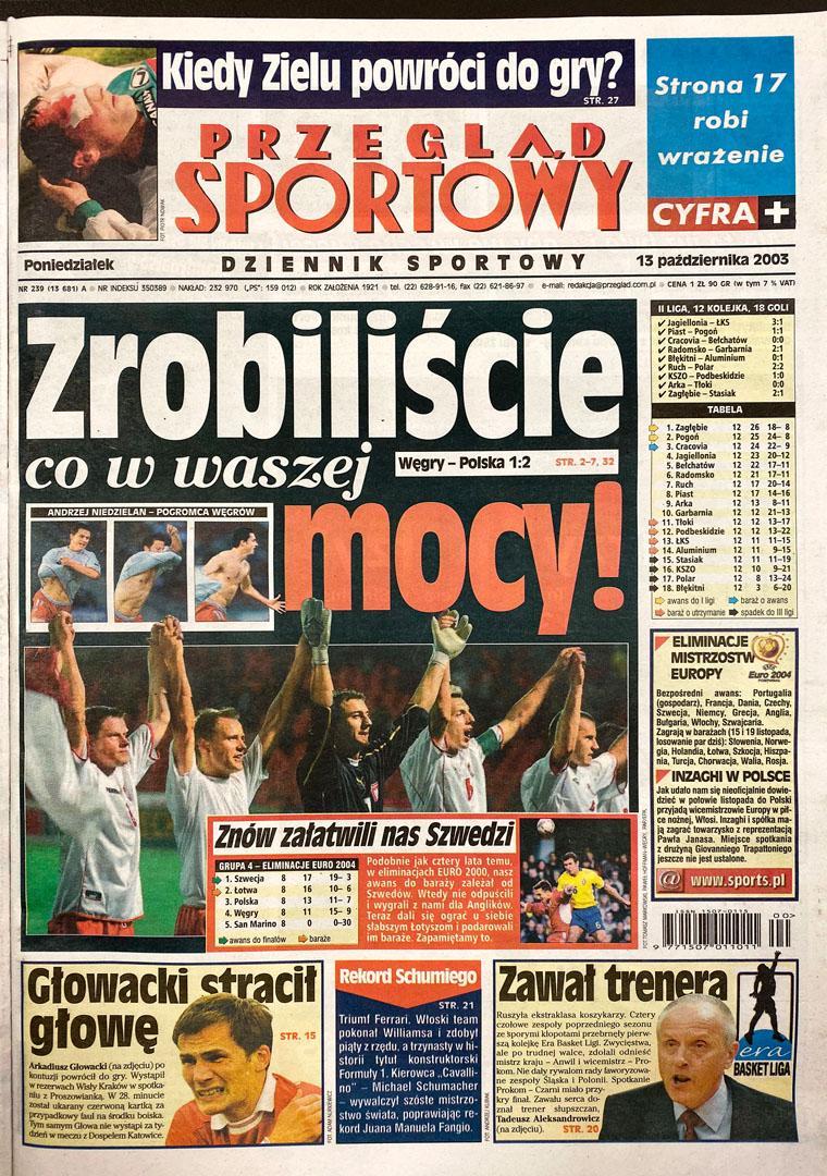 Okładka przeglądu sportowego po meczu Węgry - Polska (11.10.2003)