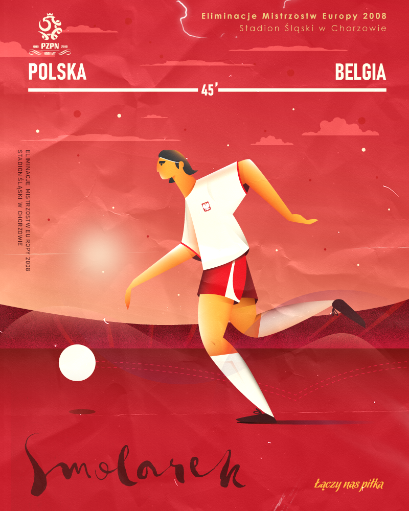 Rysunek przedstawiający biegnącego z piłką Euzebiusza Smolarka. Polak był bohaterem meczu z Belgią w Chorzowie w 2007 roku.